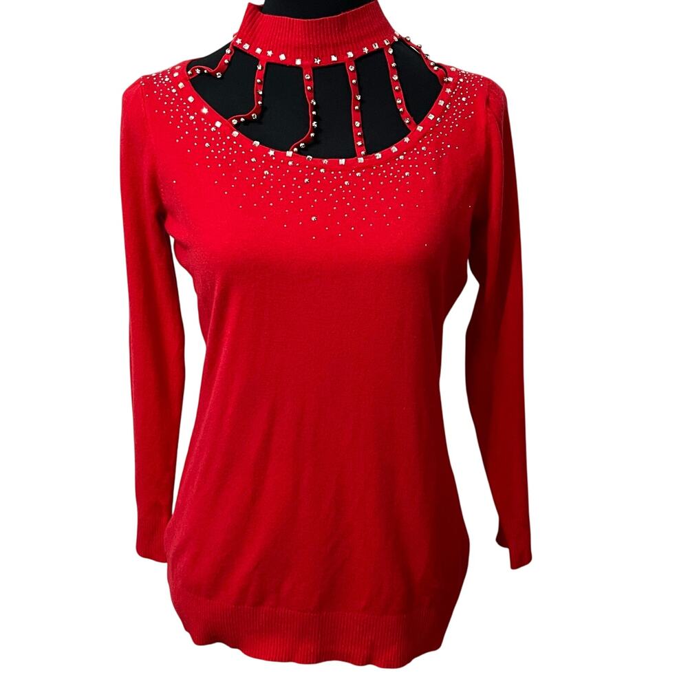 Lola B Women’s Rhinestone Sweater Sz‎ Large Red Cut Out Super Soft Glamorous